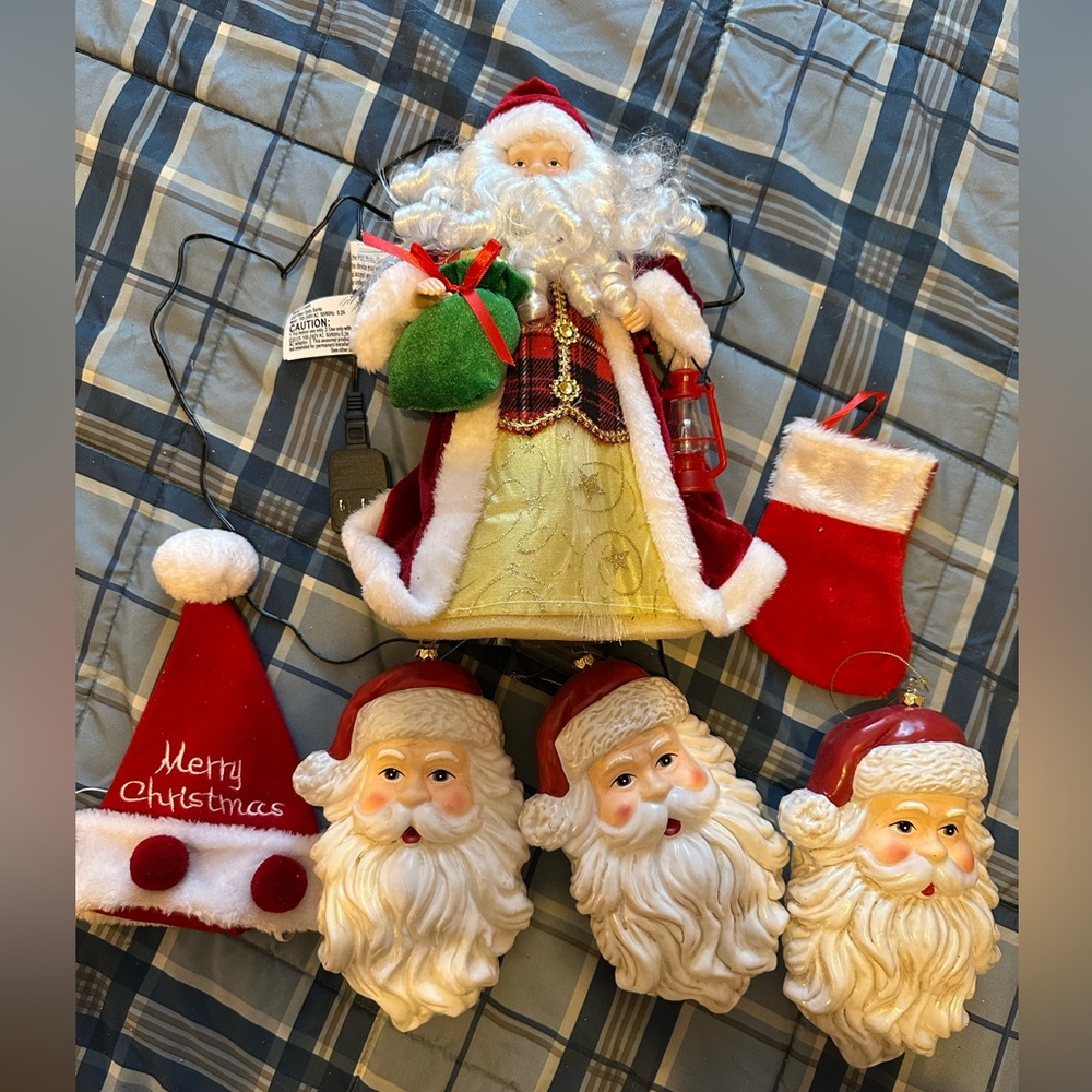 Light up Santa Tree Topper & Santa Ornaments Set